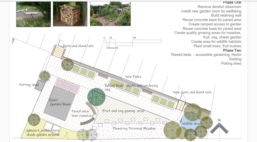 Plan for a community garden with fruit and veg growing area, flower border, wildlife area, quiet garden room