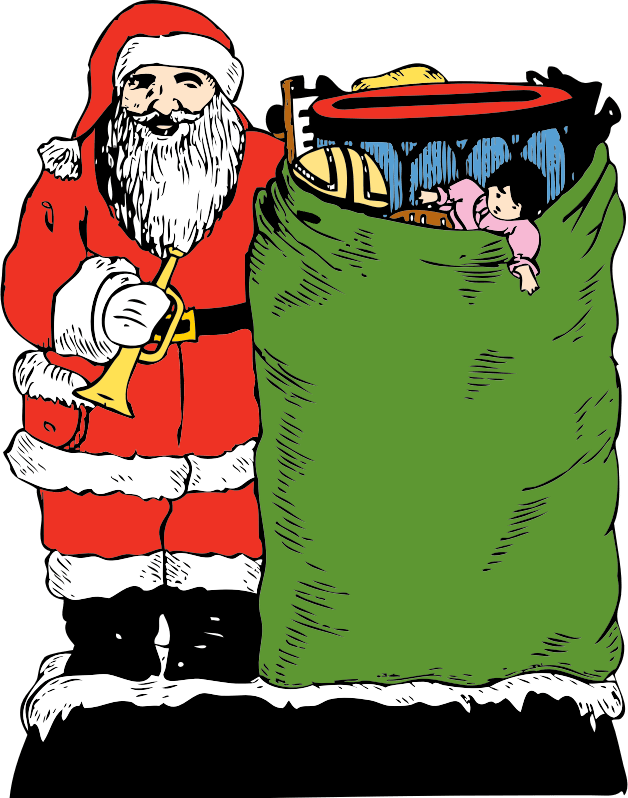 Father Christmas standing next to a large sack of toys