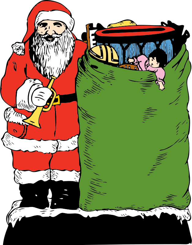 Father Christmas standing next to a large sack of toys