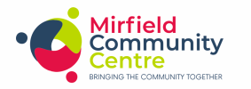 Green, red, and navy blue design with Mirfield Community Centre - Brining the Community Together